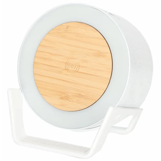 Draadloze Speaker met Oplader en LED, Wit of Zwart. Luxe Bluetooth speaker met bamboe draadloze oplader en LED-verlichting in zwart en wit.