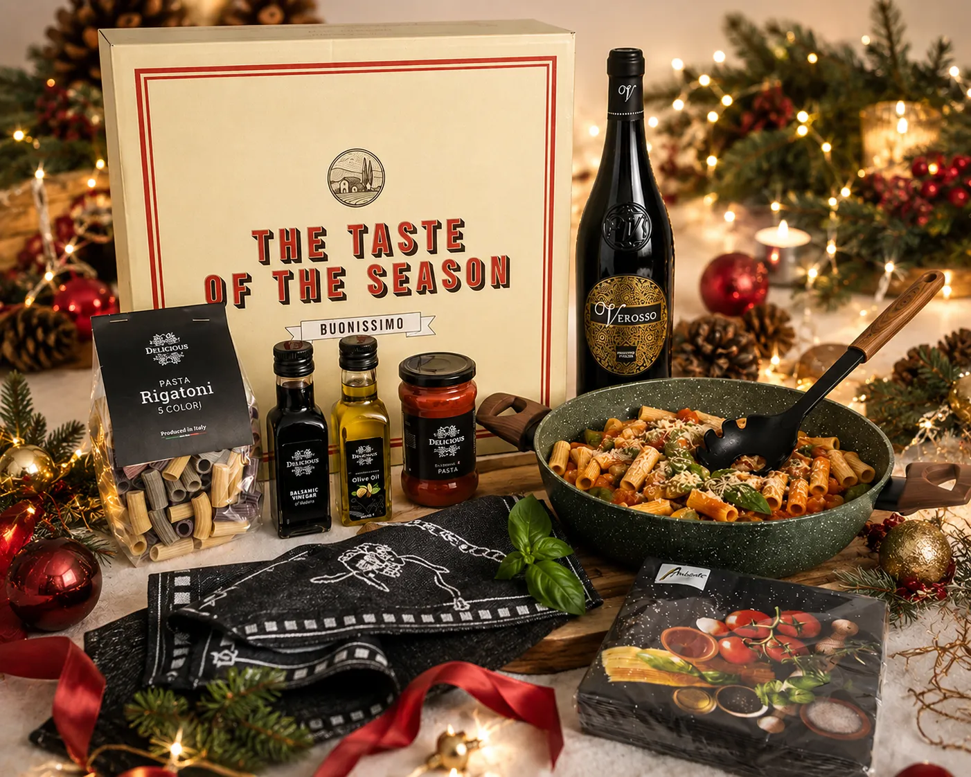 Kerstpakket La Dolce Vita, Cook Together, Taste Italy met hapjespan Natura 28 cm, siliconen pastalepel, keukendoeken, extra vierge olijfolie, balsamico uit Modena, biologische tomatensaus, kleurrijke pasta en Verosso Vino Rosso d'Italia in een luxe Buonissimo geschenkdoos. Een stijlvol Italiaans kerstpakket 2026 voor bedrijven, medewerkers en zakelijke relaties.